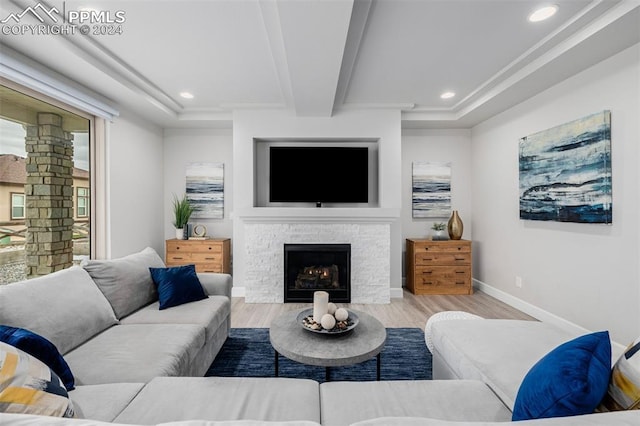 living room featuring a stone fireplace and light hardwood / wood-style floors