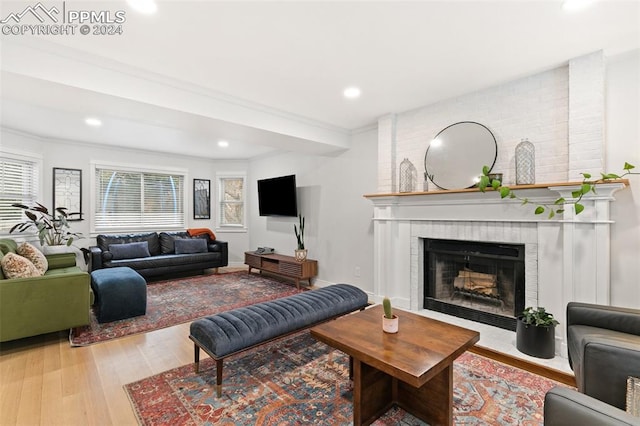 living room featuring crown molding, a fireplace, and light hardwood / wood-style flooring