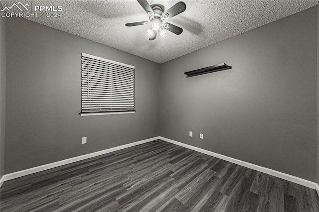 unfurnished room featuring ceiling fan, dark hardwood / wood-style flooring, and a textured ceiling