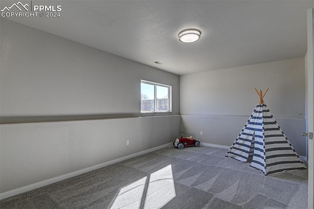 rec room with a textured ceiling and carpet floors