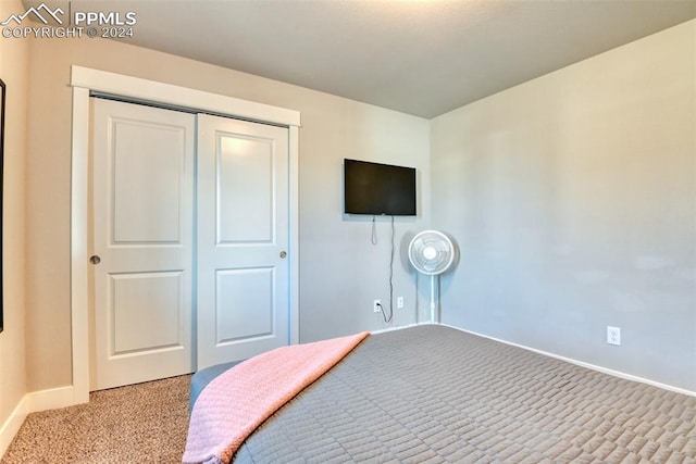 bedroom with light colored carpet and a closet