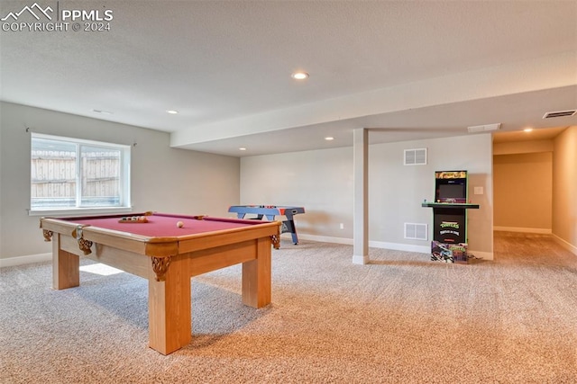 rec room featuring light colored carpet and pool table