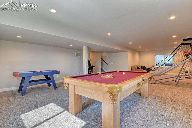 recreation room with light colored carpet and pool table