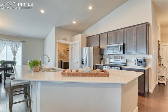 kitchen with sink, dark wood-type flooring, stainless steel appliances, lofted ceiling, and a kitchen island with sink