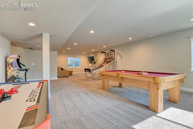 playroom with light carpet and billiards