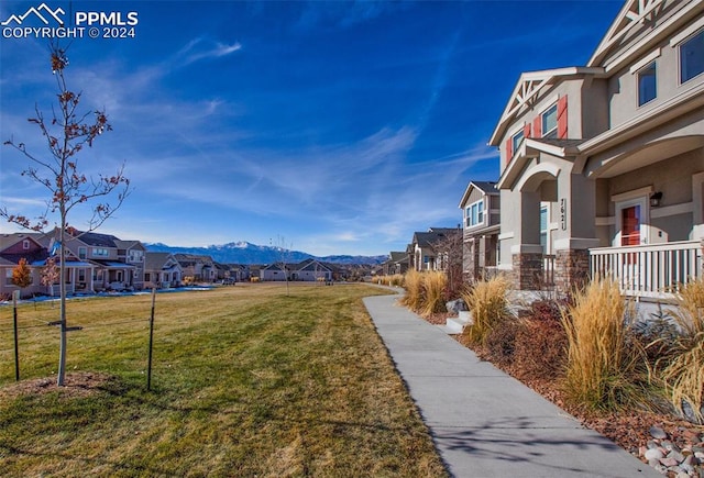 view of community featuring a mountain view and a yard