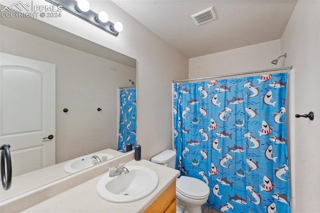 bathroom with vanity, toilet, and walk in shower