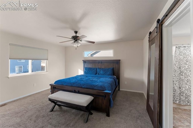 carpeted bedroom with a textured ceiling, a barn door, multiple windows, and ceiling fan