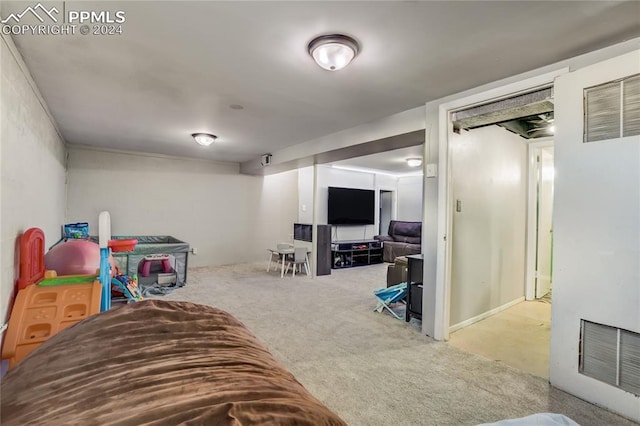 recreation room with light colored carpet