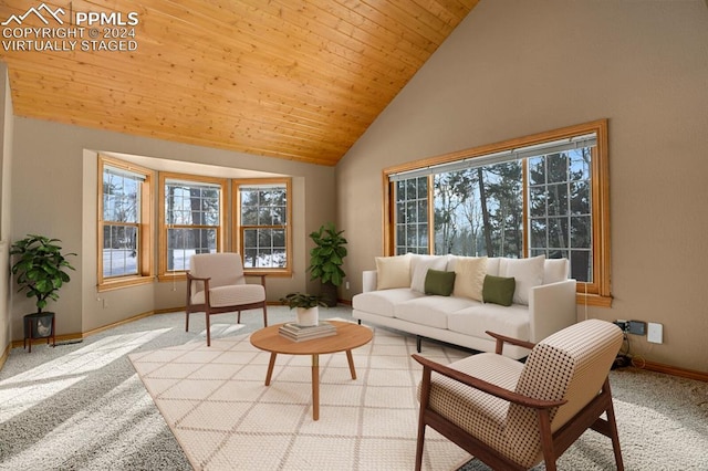 carpeted living room featuring high vaulted ceiling and wooden ceiling