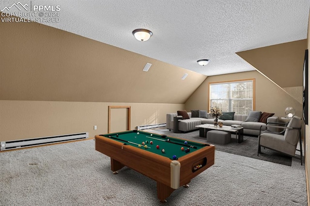 game room with carpet floors, a baseboard radiator, lofted ceiling, and pool table