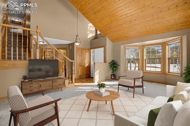 living room featuring light colored carpet, wood ceiling, and high vaulted ceiling