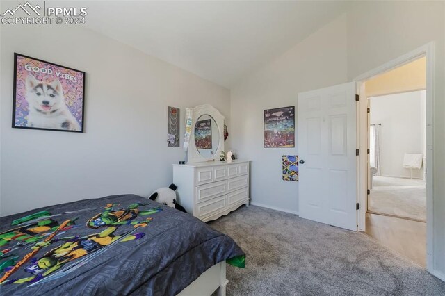 carpeted bedroom featuring vaulted ceiling