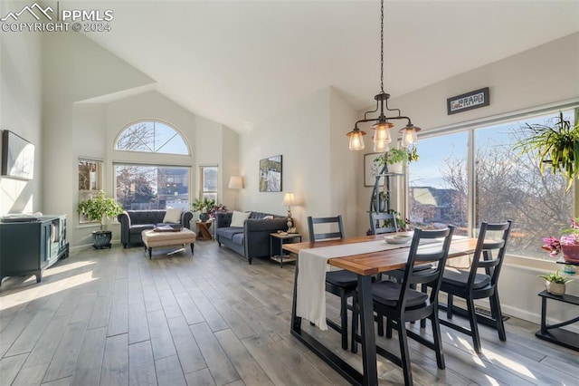 dining area with a chandelier, light hardwood / wood-style floors, and high vaulted ceiling