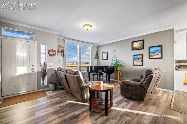 living room featuring hardwood / wood-style floors and ornamental molding