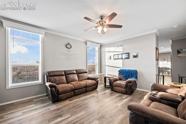 living room with ceiling fan, plenty of natural light, wood-type flooring, and ornamental molding