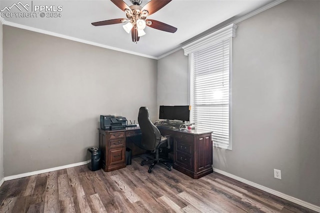 office space with hardwood / wood-style flooring, ceiling fan, and ornamental molding