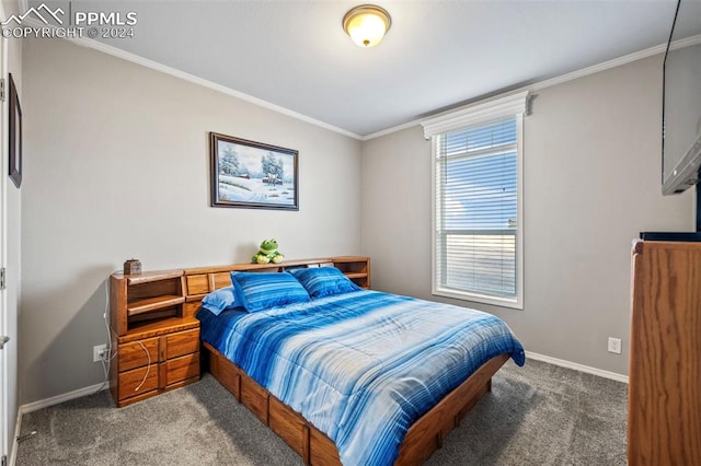 bedroom with dark carpet and crown molding