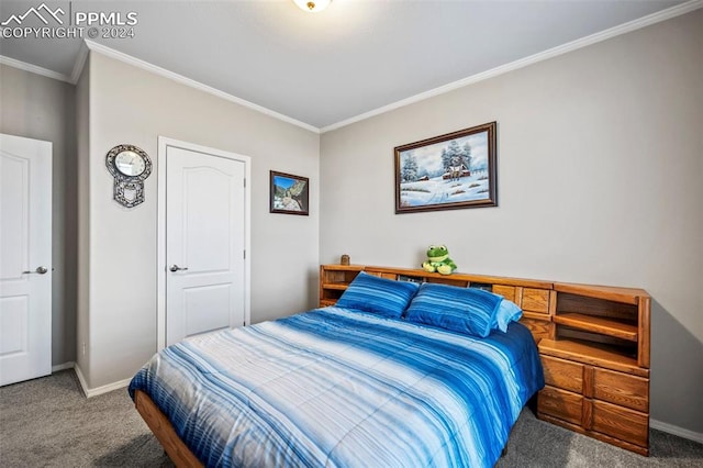 carpeted bedroom featuring crown molding