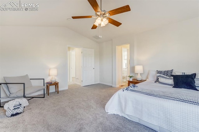 carpeted bedroom featuring ceiling fan and vaulted ceiling