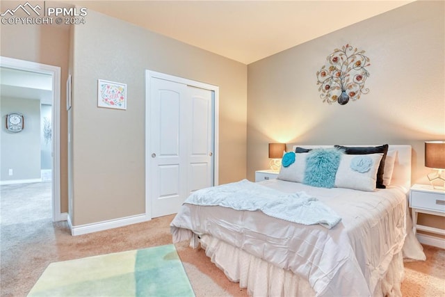 bedroom featuring light carpet and a closet