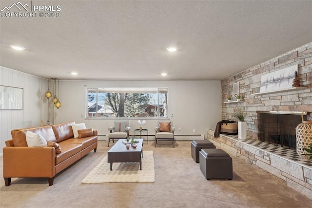 living room with a stone fireplace, light carpet, and a textured ceiling