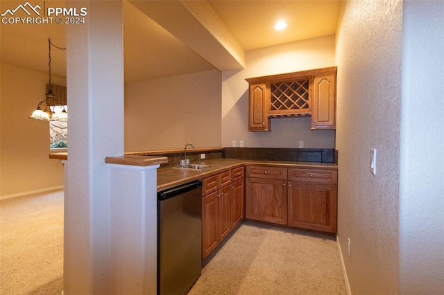 kitchen featuring light carpet, dishwasher, decorative light fixtures, and sink