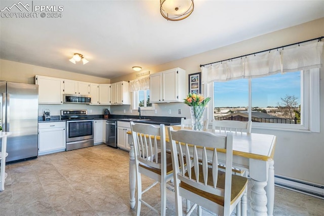 kitchen with plenty of natural light, white cabinets, stainless steel appliances, and a baseboard heating unit