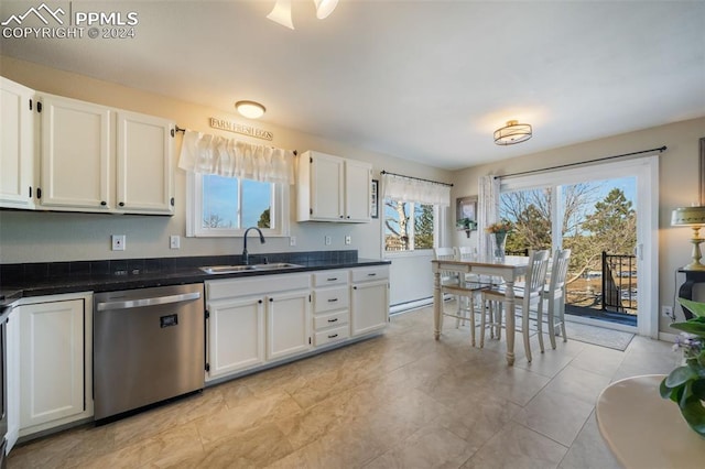 kitchen with white cabinetry, sink, stainless steel dishwasher, and a baseboard radiator