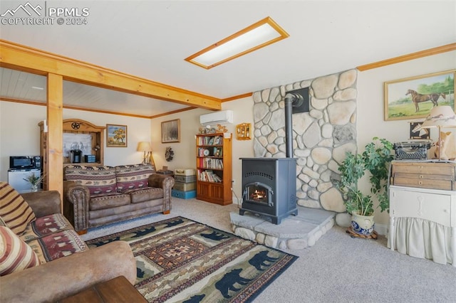 living room with ornamental molding, a wall mounted AC, beamed ceiling, carpet floors, and a wood stove