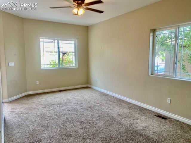 empty room featuring carpet flooring, a wealth of natural light, and ceiling fan