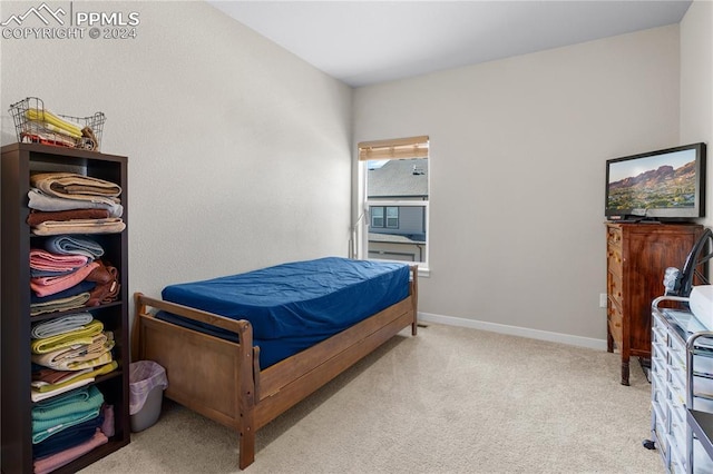 bedroom with light colored carpet