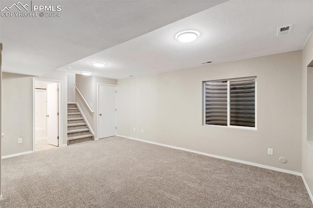 basement with a textured ceiling and carpet floors