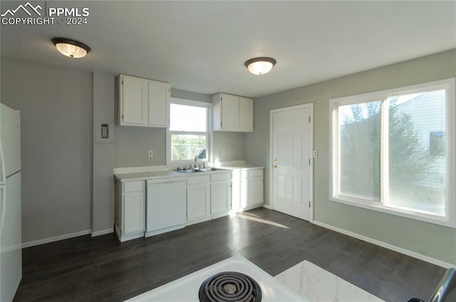 kitchen featuring dark hardwood / wood-style flooring, sink, white cabinets, and white appliances