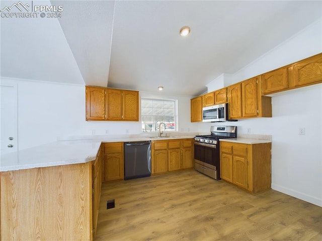 kitchen featuring stainless steel appliances, light hardwood / wood-style floors, lofted ceiling, and sink