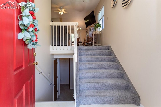 stairs with carpet floors and ceiling fan