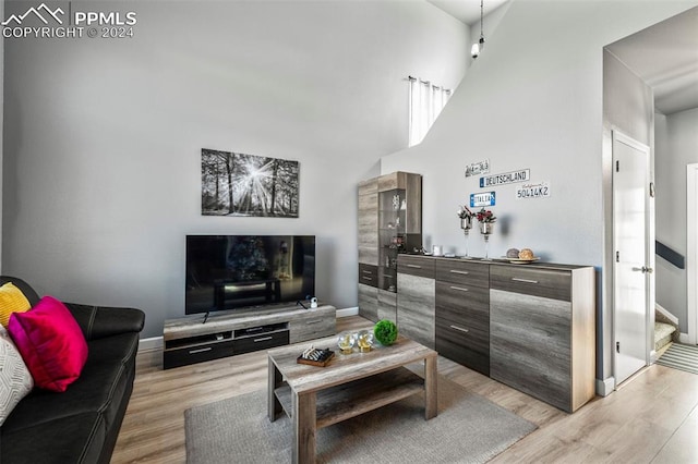 living room featuring a towering ceiling and light wood-type flooring