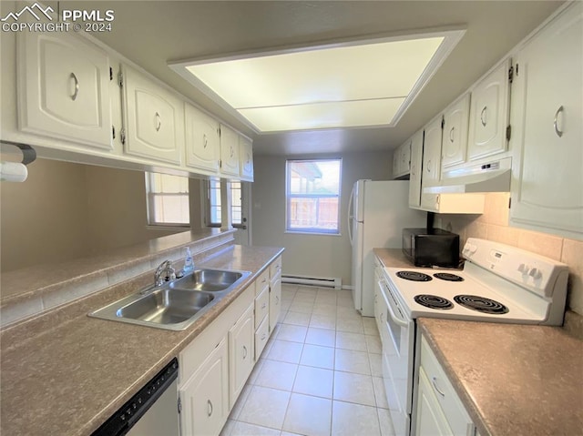 kitchen featuring white cabinets, sink, a baseboard radiator, and electric stove