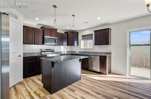 kitchen with a wealth of natural light, pendant lighting, stainless steel appliances, and light hardwood / wood-style floors