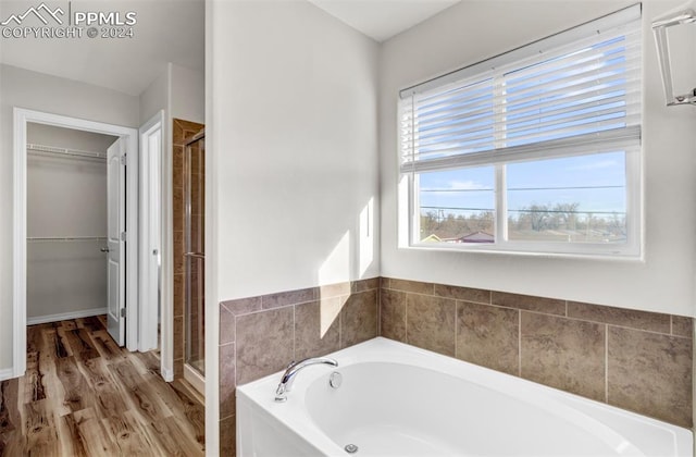 bathroom featuring wood-type flooring and independent shower and bath