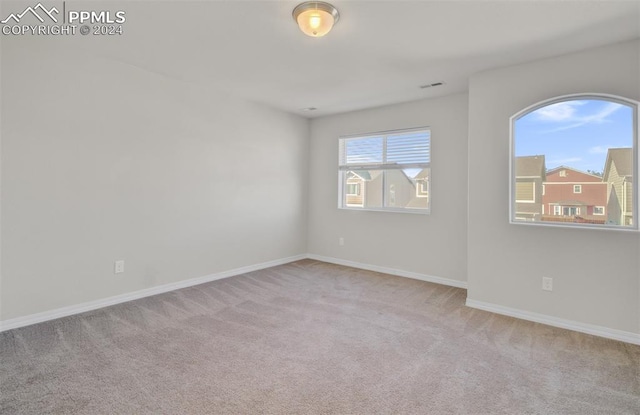 unfurnished room with light colored carpet