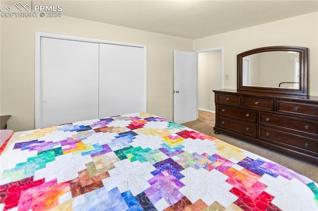 bedroom with a closet and light colored carpet