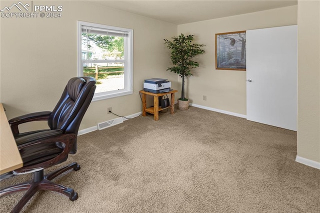 carpeted home office with baseboards and visible vents