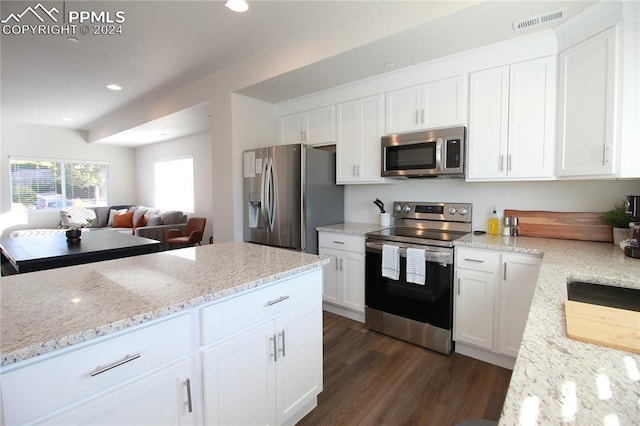 kitchen with white cabinetry, dark hardwood / wood-style flooring, light stone counters, and appliances with stainless steel finishes