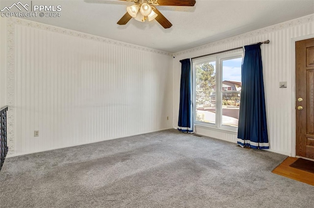 unfurnished room with carpet and ceiling fan