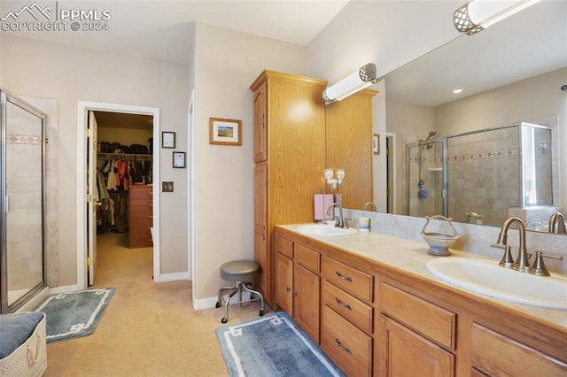 bathroom featuring vanity and a shower with door