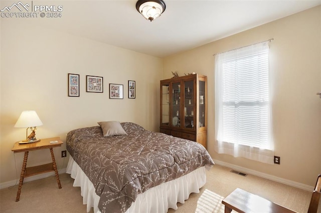 bedroom featuring light colored carpet and multiple windows