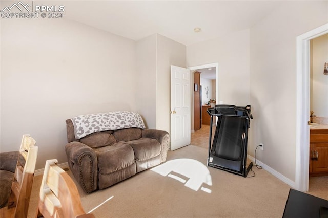 sitting room featuring light colored carpet