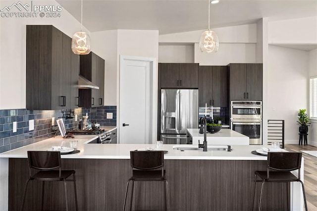 kitchen with sink, pendant lighting, lofted ceiling, and appliances with stainless steel finishes