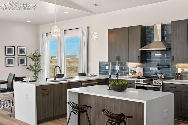 kitchen with sink, wall chimney exhaust hood, decorative light fixtures, and appliances with stainless steel finishes